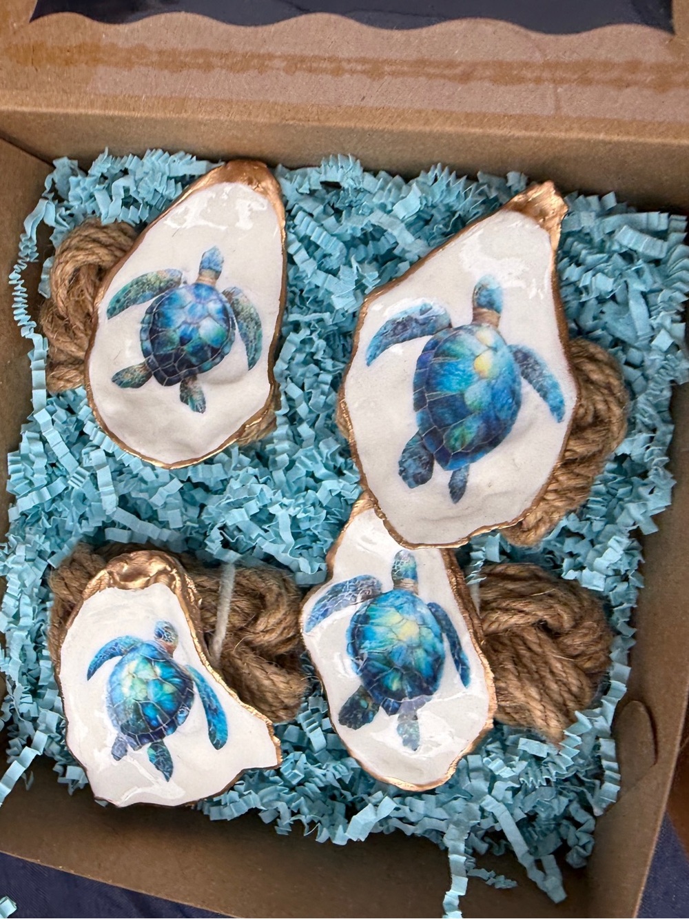 Hand-Made Sea Turtle Oyster Shell Napkin Rings - Blue & Teal